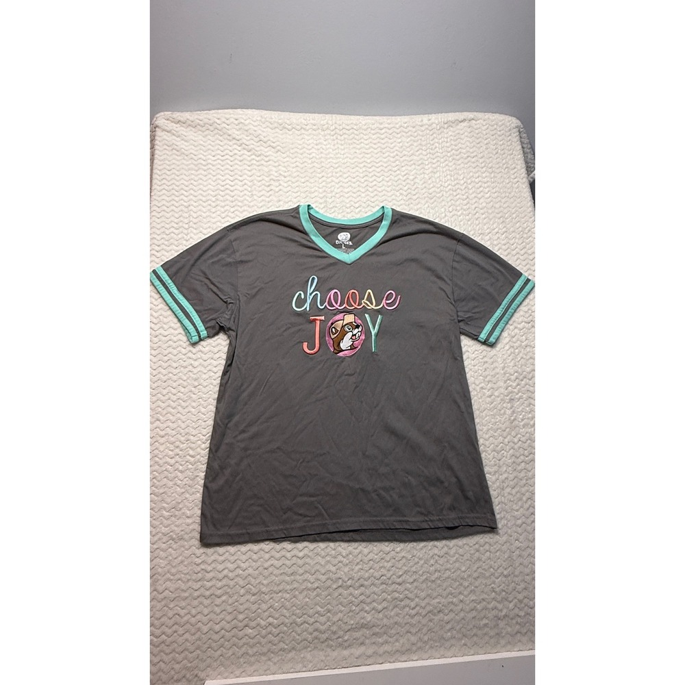 Buc-ee's Choose Joy Embroidered V-Neck Ringer T-Shirt Gray Teal Women Large
